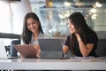 Concept business woman working and people happy businesswoman or creative female office worker with computers writing to notebook Royalty Free Stock Photo