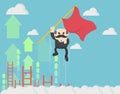 Concept of a businessman holding a red flag flying up the sky with arrows.The effort comes with success Royalty Free Stock Photo