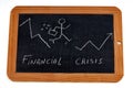 Financial crisis concept with a businessman running over a graph drawn on a school chalkboard