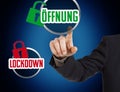 Concept: Buttons with the Word Lockdown and the German word Oeffnung reopen