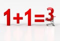 Concept of buy two - get on free. Big red sign of 1+1=3 in shopping cart on white background Royalty Free Stock Photo