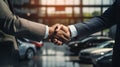 Concept of buying a car, as two individuals shake hands to finalize a deal, with a row of cars in the background