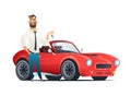 Concept buying or renting a new or used red and speedy sports car. Modern cartoon style illustration isolated on white back Royalty Free Stock Photo