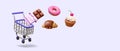 Shopping cart, chocolate bar, croissant, donut, cupcake with cream and cherry
