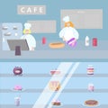 Concept cafe shop, character people prepare sweet, pastry boutique flat vector illustration. Design interior candy