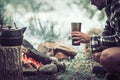 The concept of camping the guy on the nature of the fire Royalty Free Stock Photo