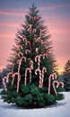 Candy Canes Adorning The Branches Of A Pine Tree. Dusk. Snowy. Outdoor. Wide-Angl. Generative AI Royalty Free Stock Photo