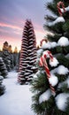 Candy Canes Adorning The Branches Of A Pine Tree, Dusk, Snowy, Outdoor, Wide-Angle. Generative AI Royalty Free Stock Photo