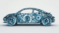 A concept car composed entirely of intricate blue gears and cogs, symbolizing innovation and mechanical creativity against a plain Royalty Free Stock Photo