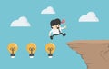 Concept cartoon illustration businessman crosses a high cliff with a lamp showing his intelligence and his hand holding a red flag