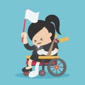 Concept cartoon illustration businesswoman sitting in a wheelchair with an injury, her hand raised a white flag