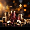 Concept of casino game poker cards, chips, golden coins Royalty Free Stock Photo