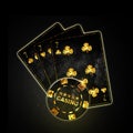 Concept Casino.Three sevens. Grunge, vintage playing cards, and poker chips on a black background. Glow. Casino. Gambling