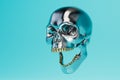 the concept of celebrating Halloween. a metal skull with an open mouth on a blue background. 3D render