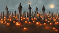 A Cemetery Filled With Lots Of Carved Pumpkins. Generative AI