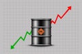 Concept of changing oil prices. A barrel of oil, and red and green arrows, up and down. Financial crisis. Business. Royalty Free Stock Photo