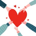 Concept of charity and donation. Give and share your love to people. Several people hold big red heart symbol on their hands. Flat