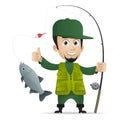 Concept cheerful fisherman holds fishing rod