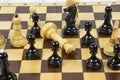 Concept of chess game with realistic Board and black-and-white figures Royalty Free Stock Photo