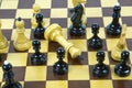 Concept of chess game with realistic Board and black-and-white figures. Royalty Free Stock Photo