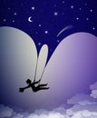 Concept of childhood night dream at midnight, boy silhouette on the swing flying under the night sky, shadow story, Royalty Free Stock Photo