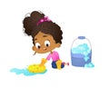 Concept of children doing household routines - little African-American girl mopping floor waering latex gloves, Concept