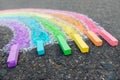 chalk drawing rainbow colors on the asphalt, children outdoors. Royalty Free Stock Photo