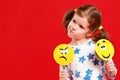 Concept of children`s emotions. child girl chooses between a sad