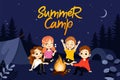 Concept Of Children Summer Camp. Group Of Children During Summer Vacations Hiking. Kids Sit At Campfire And Eat