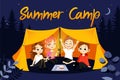 Concept Of Children Summer Camp. Happy Children During Summer Vacations Hiking. Kids Sit In The Tent And Play With