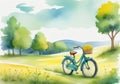 Childrens Illustration Of Bright Landscape Scenery With Green Grass Summer Meadow, Sky And Yellow Summer Female Bic. Generative AI Royalty Free Stock Photo