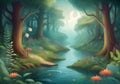 Childrens Illustration Of Enchanted Forest Scene With Mystical River And Lush Flora. Fantasy And Imagination. Generative AI