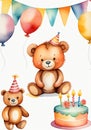 Childrens Illustration Of Happy Birthday Party Set With Bear, Isolated For Card, Invitation. Watercolor Teddy Bears. Generative AI Royalty Free Stock Photo