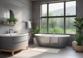 Childrens Illustration Of Interior Of Modern Bathroom In Luxury Eco-Style Cottage. Grey Textured Walls, Freestandin. Generative AI Royalty Free Stock Photo