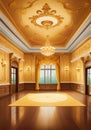 Childrens Illustration Of Majestic Ballroom With A Polished Wooden Floor Intricate Ceiling Details And Golden Wall . Generative AI Royalty Free Stock Photo