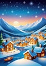 Childrens Illustration Of Mountain Village At Christmas Night In Winter, Amazing View Of Snowy Ski Resort In Lights. Generative AI Royalty Free Stock Photo