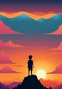 Childrens Illustration Of A Person Standing On Top Of A Mountain At Sunset. Generative Image. Generative AI