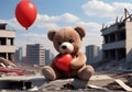 Childrens Illustration Of A Plush Toy Bear With A Red Balloon, Depressed And Lonely Against The Backdrop Of A City . Generative AI