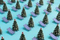 the concept of choosing a holiday. patterns of Christmas trees and beach sunbeds. 3D render