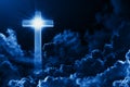 Concept of christian religion shining cross on background of cloudy night sky. Dark sky with cross cloud. Divine shining heaven Royalty Free Stock Photo