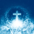 Concept of christian religion shining cross on the background of cloudy sky. Divine shining heaven. Sky cross beautiful cloud Royalty Free Stock Photo