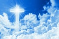 Concept of christian religion shining cross on the background of cloudy sky. Sky with cross and beautiful cloud. Divine shining Royalty Free Stock Photo