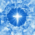 Concept of christian religion shining cross on the background of dramatic cloudy sky. Divine shining heaven, light. Sky with cross Royalty Free Stock Photo