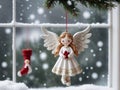 A Christmas Angel Orname Hanging On A Window. Generative AI