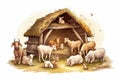 Christmas birth of jesus, nativity scene with barn and animals. Generative AI Royalty Free Stock Photo