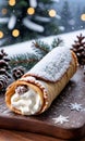 A Christmas Cannoli On A Wooden Surface, With A Snowy Forest In The Background, At Dusk. Generative AI Royalty Free Stock Photo