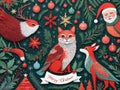 A Christmas Card With A Fox And Two Birds. Generative AI