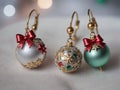 Christmas Earrings With Bows And Ornaments. Generative AI