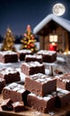 Christmas Fudge On A Rustic Wooden Table, With A Snowy Windowpane In The Background, Under Moonlight. Generative AI