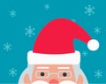 Concept Christmas. Half head of Santa Claus on the blue background, snowflakes flying